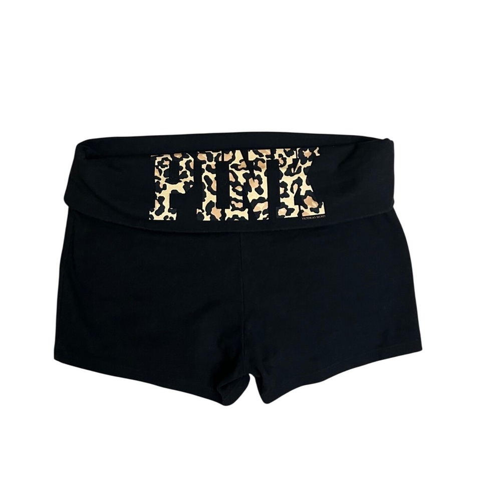 Y2k Victoria's Secret PINK Black Foldover Yoga biker Shorts Cheetah Logo vtg‎ M